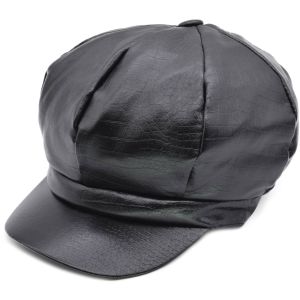 Black Faux Leather Newsboy Hat